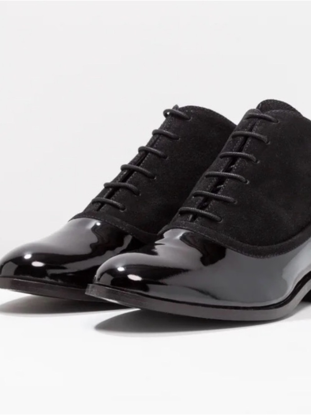 Mint & Berry brand Black Patent & Suede Lace-Up Ankle Booties